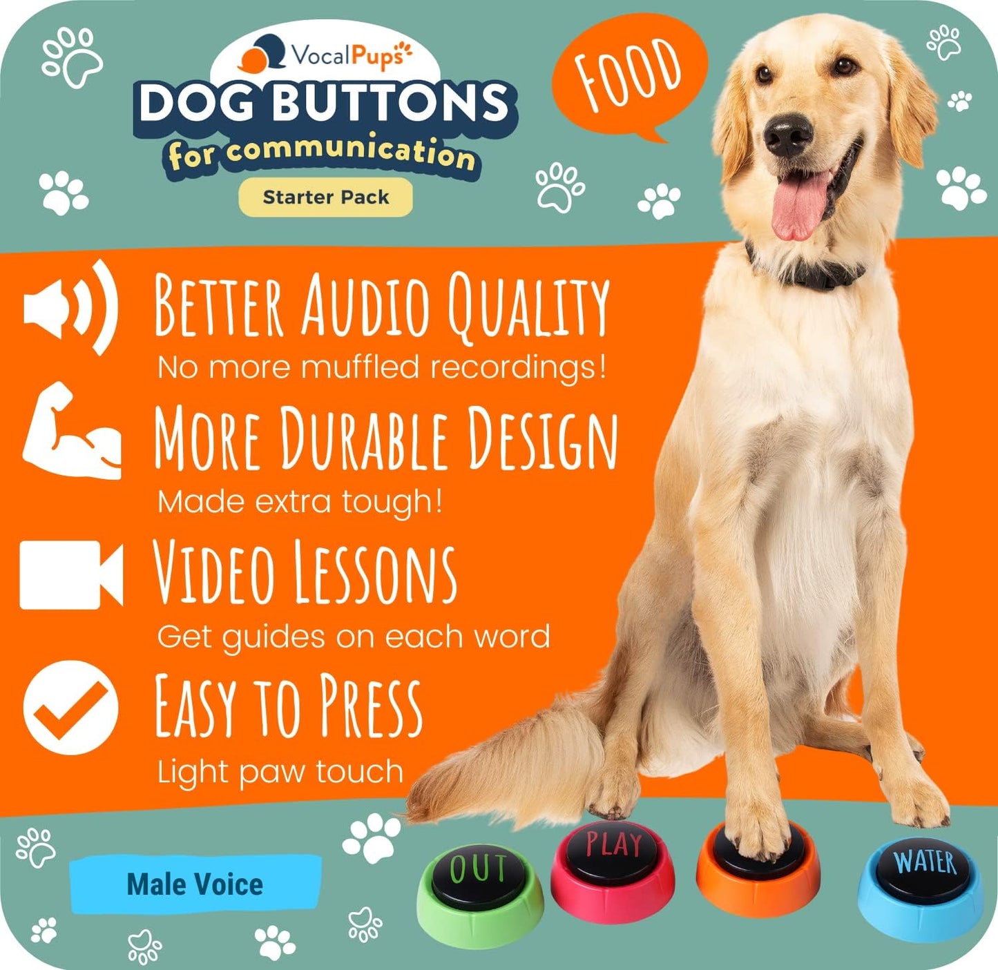 Vocalpups Dog Buttons for Communication Starter Pack - Male Voice, Dog Talking Button Set, Talking Buttons for Dogs, Dog Buttons Speech Training Set | Dog Communication Buttons | Pre-Recorded Words